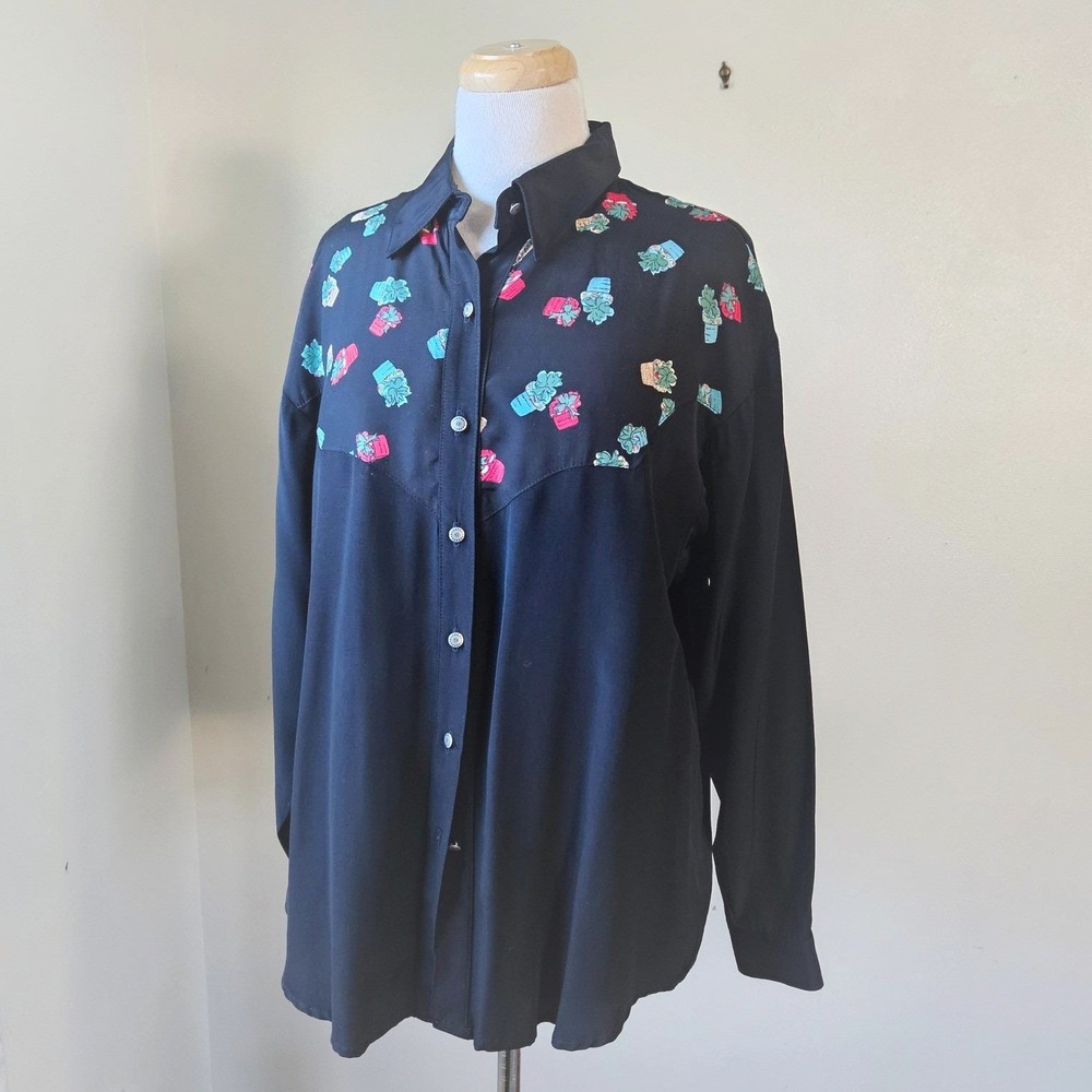 Vtg 90s Desert West by Sherry‎ Holt Black Cactus Print Rayon Western Shirt L